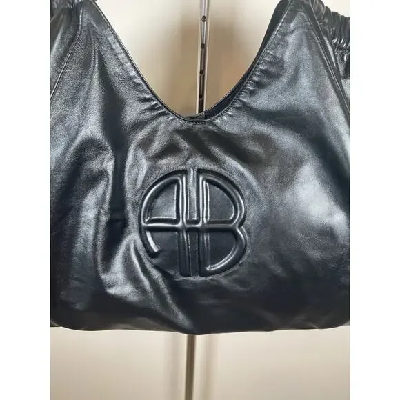 Anine Bing Kate Embossed Large Black Lamb Leather Boho Shoulder Tote - Picture 8 of 15